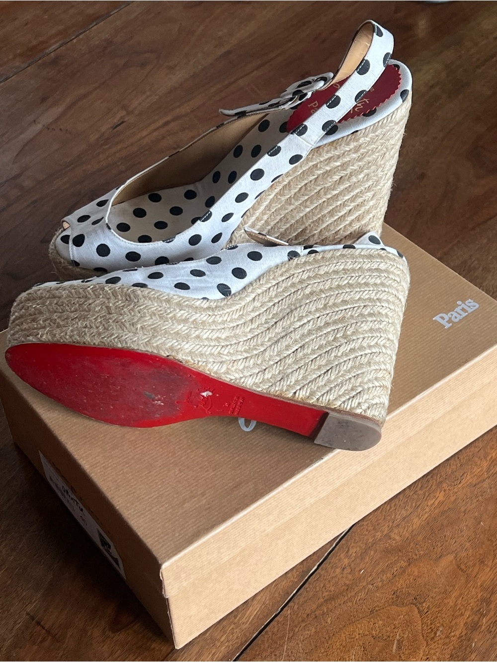 Christian Louboutin White and Black Polka Dot Espadrille Wedge Slingbacks - Picture 4 of 5